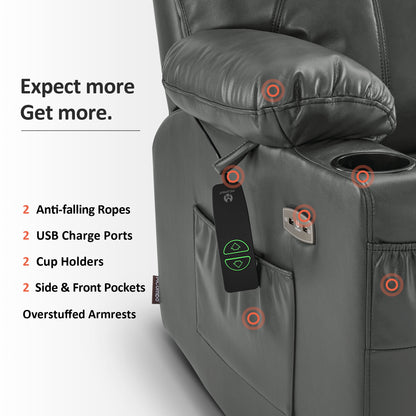 MCombo Power Lift Recliner Chair with Massage and Heat for Elderly, 3 Positions, 2 Side Pockets and Cup Holders, USB Ports, Faux Leather 7040 Series