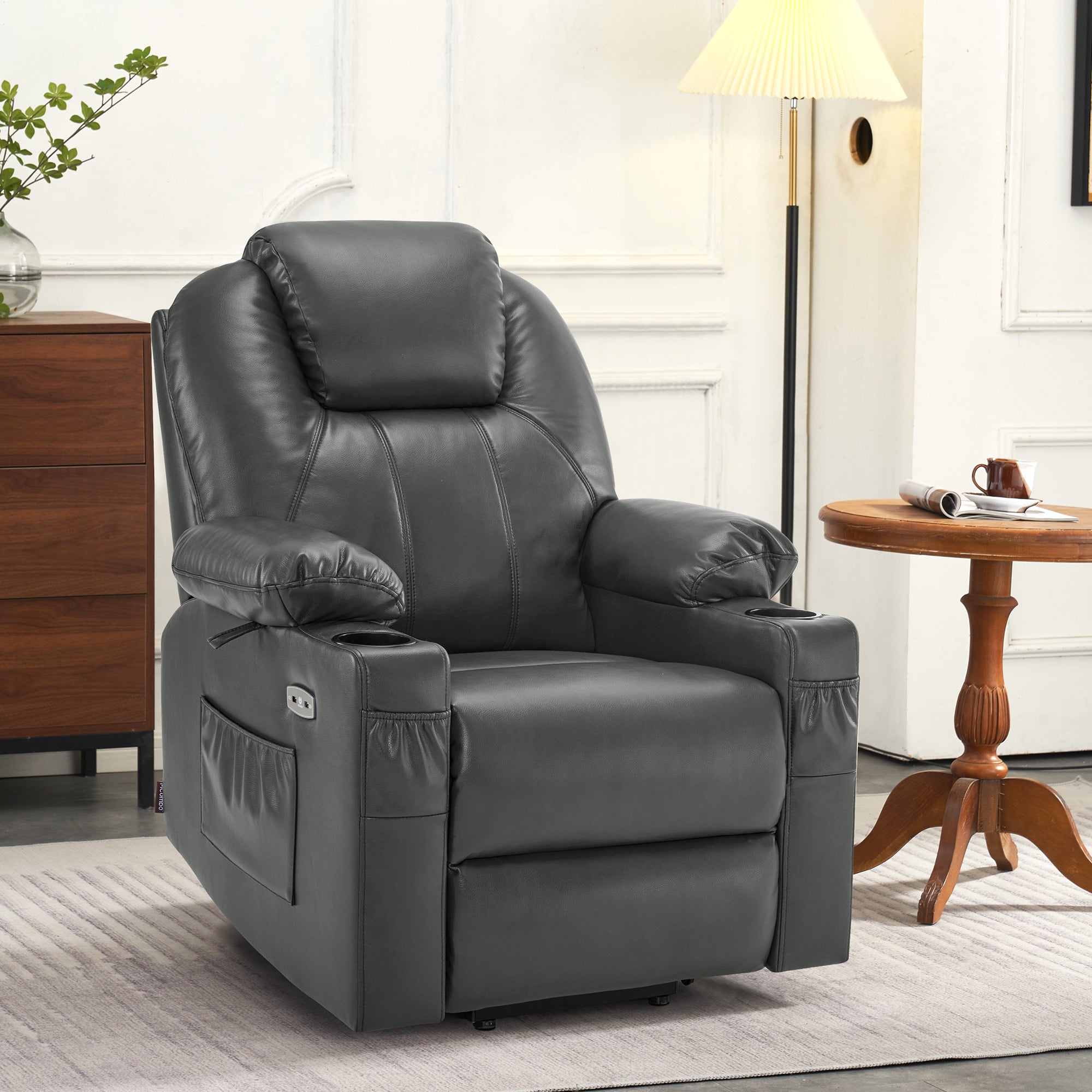 MCombo Power Lift Recliner Chair with Massage and Heat for Elderly, 3 Positions, 2 Side Pockets and Cup Holders, USB Ports, Faux Leather 7040 Series