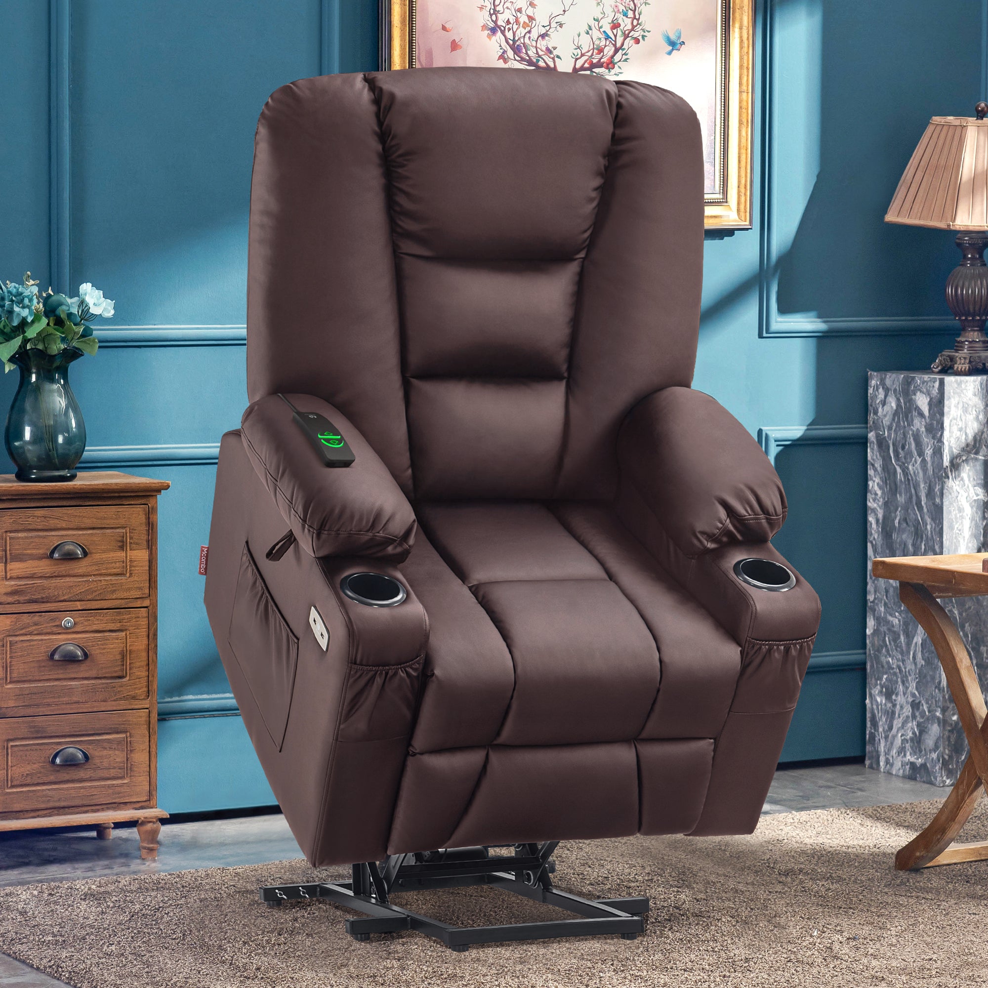 MCombo Power Lift Recliner Chair with Massage and Heat for Elderly, Extended Footrest, 3 Positions, Cup Holders, USB Ports, Faux Leather 7519 Series