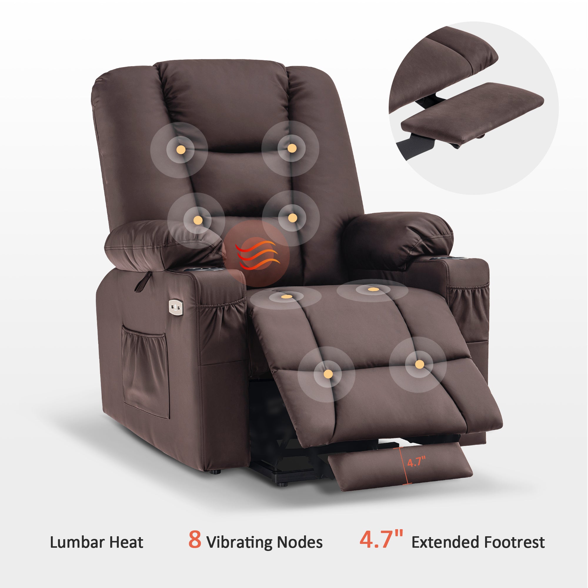 MCombo Power Lift Recliner Chair with Massage and Heat for Elderly, Extended Footrest, 3 Positions, Cup Holders, USB Ports, Faux Leather 7519 Series