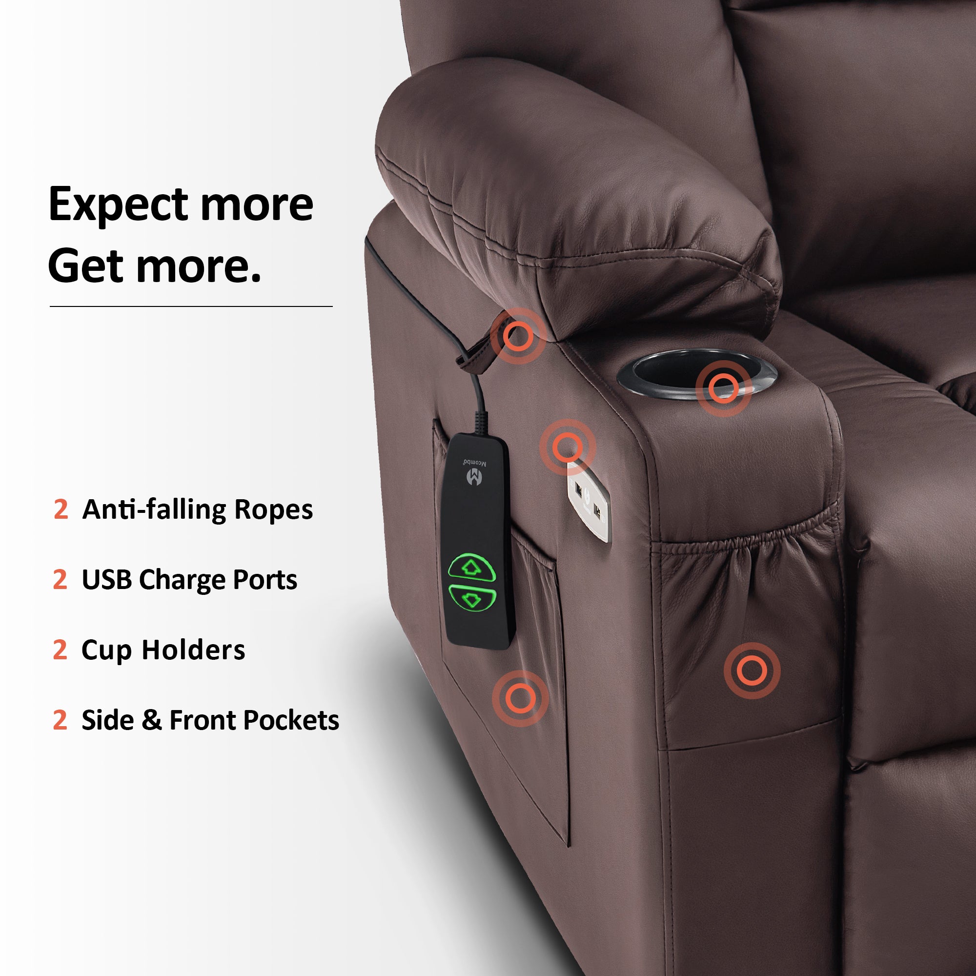 MCombo Power Lift Recliner Chair with Massage and Heat for Elderly, Extended Footrest, 3 Positions, Cup Holders, USB Ports, Faux Leather 7519 Series