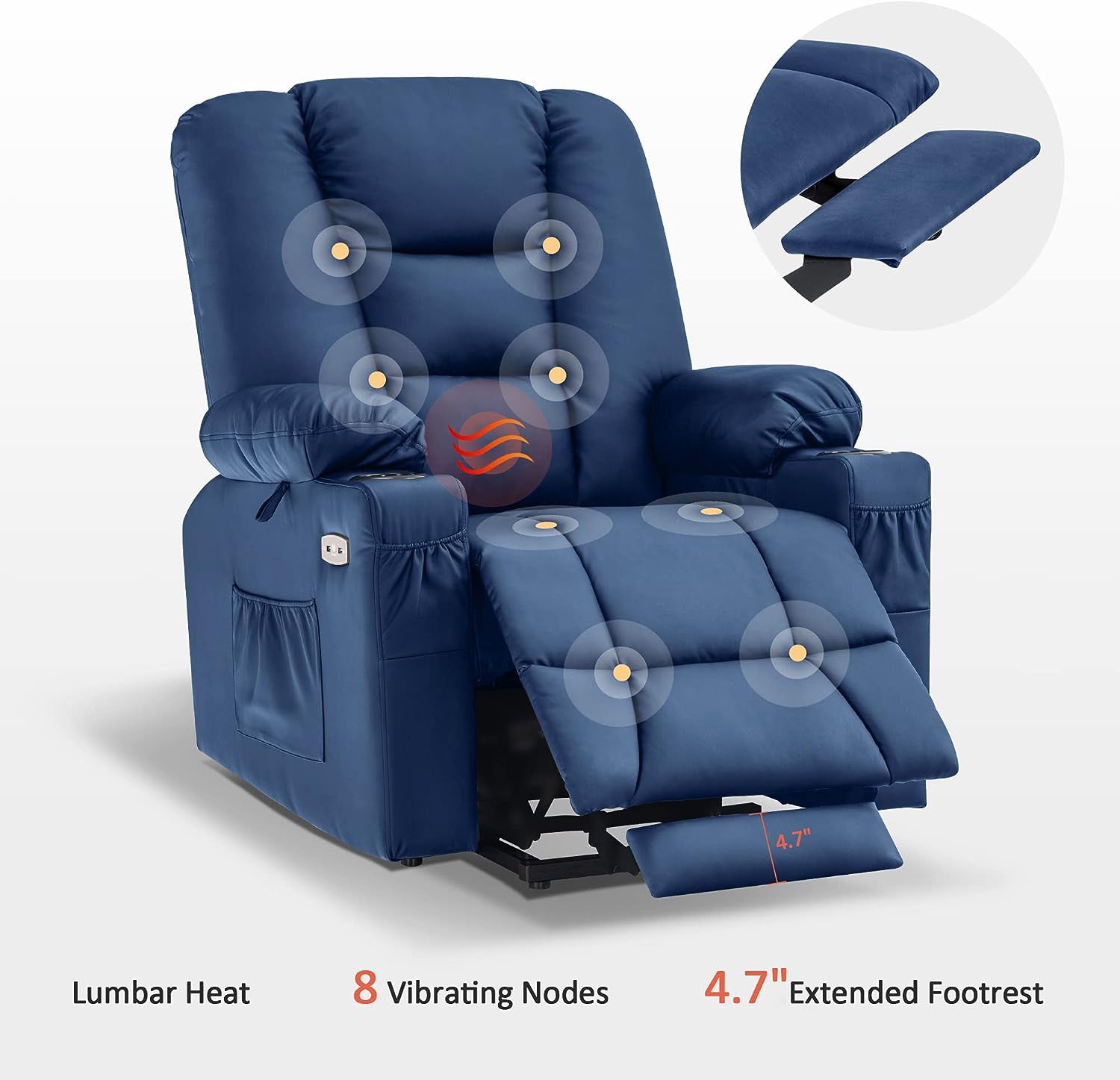 MCombo Power Lift Recliner Chair with Massage and Heat for Elderly, Extended Footrest, 3 Positions, Cup Holders, USB Ports, Faux Leather 7519 Series