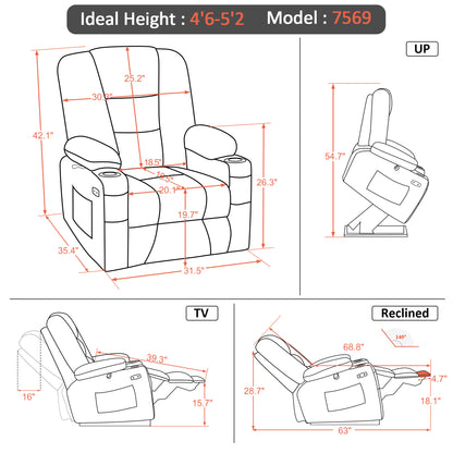 MCombo Power Lift Recliner Chair with Massage and Heat for Elderly, Extended Footrest, 3 Positions, Cup Holders, USB Ports, Faux Leather 7519 Series