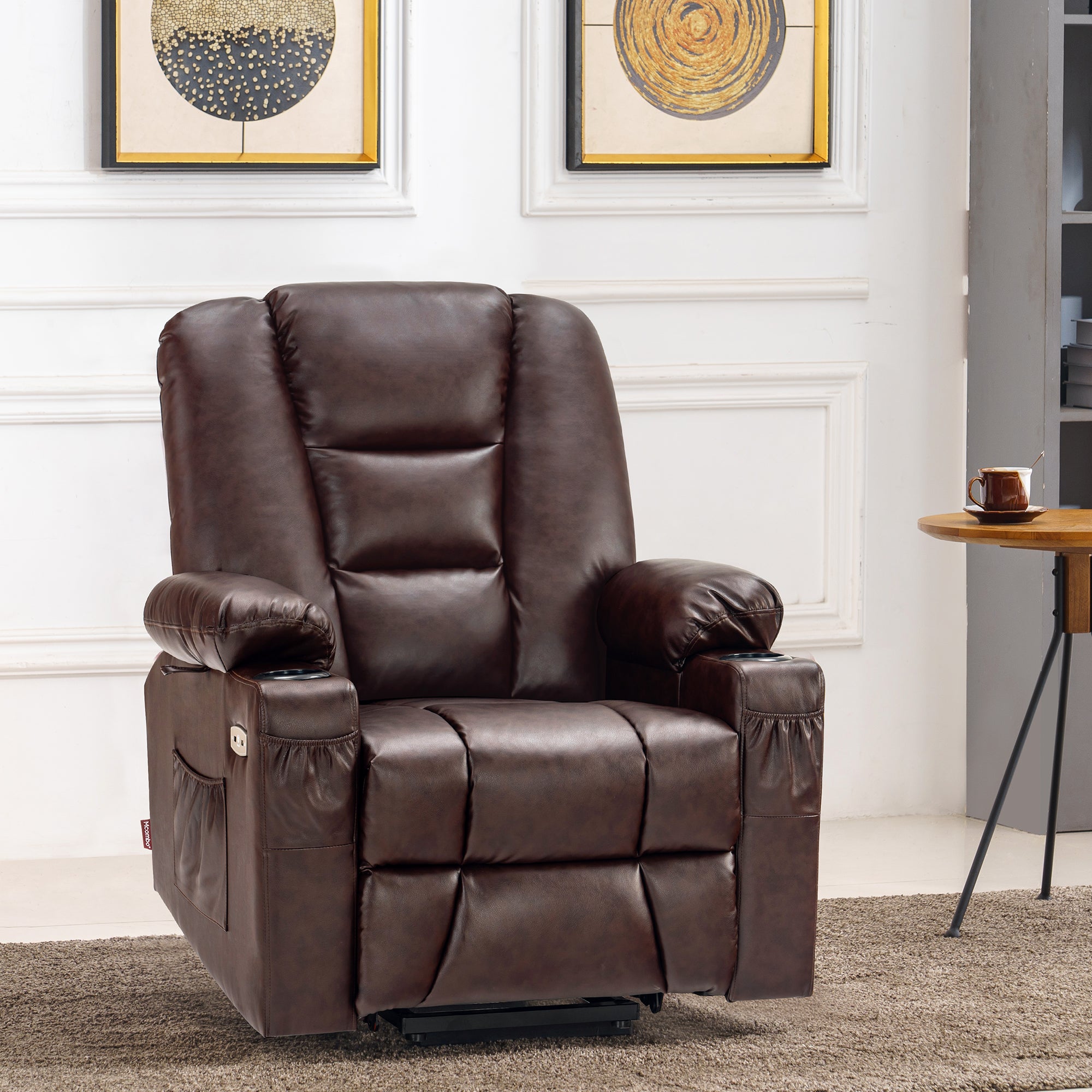 MCombo Power Lift Recliner Chair with Massage and Heat for Elderly, Extended Footrest, 3 Positions, Cup Holders, USB Ports, Faux Leather 7519 Series