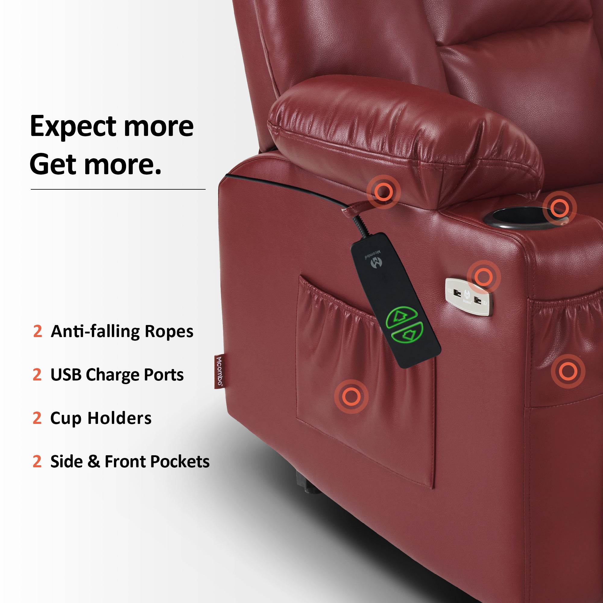 MCombo Power Lift Recliner Chair with Massage and Heat for Elderly, Extended Footrest, 3 Positions, Cup Holders, USB Ports, Faux Leather 7519 Series