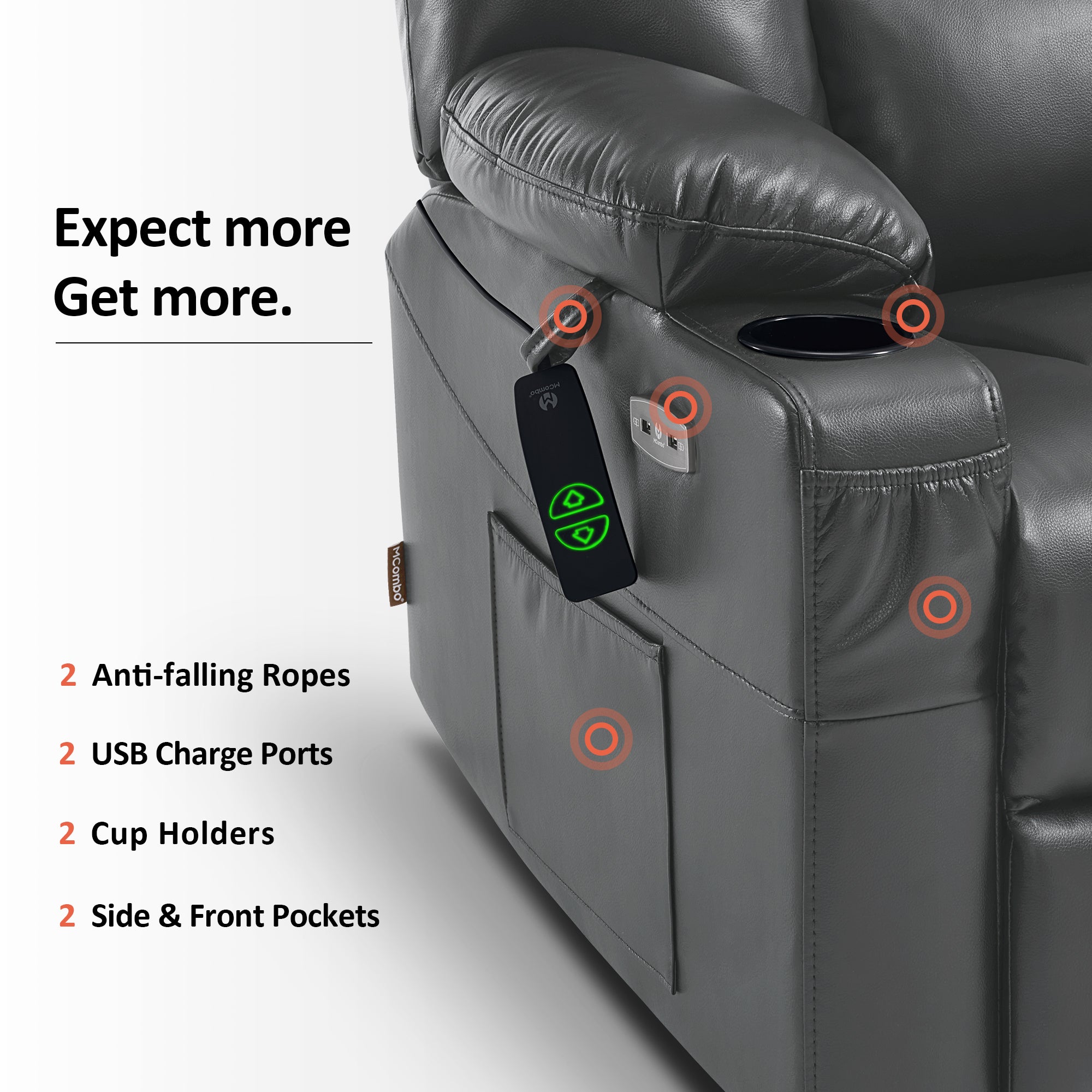 MCombo Power Lift Recliner Chair with Massage and Heat for Elderly, Extended Footrest, 3 Positions, Cup Holders, USB Ports, Faux Leather 7519 Series