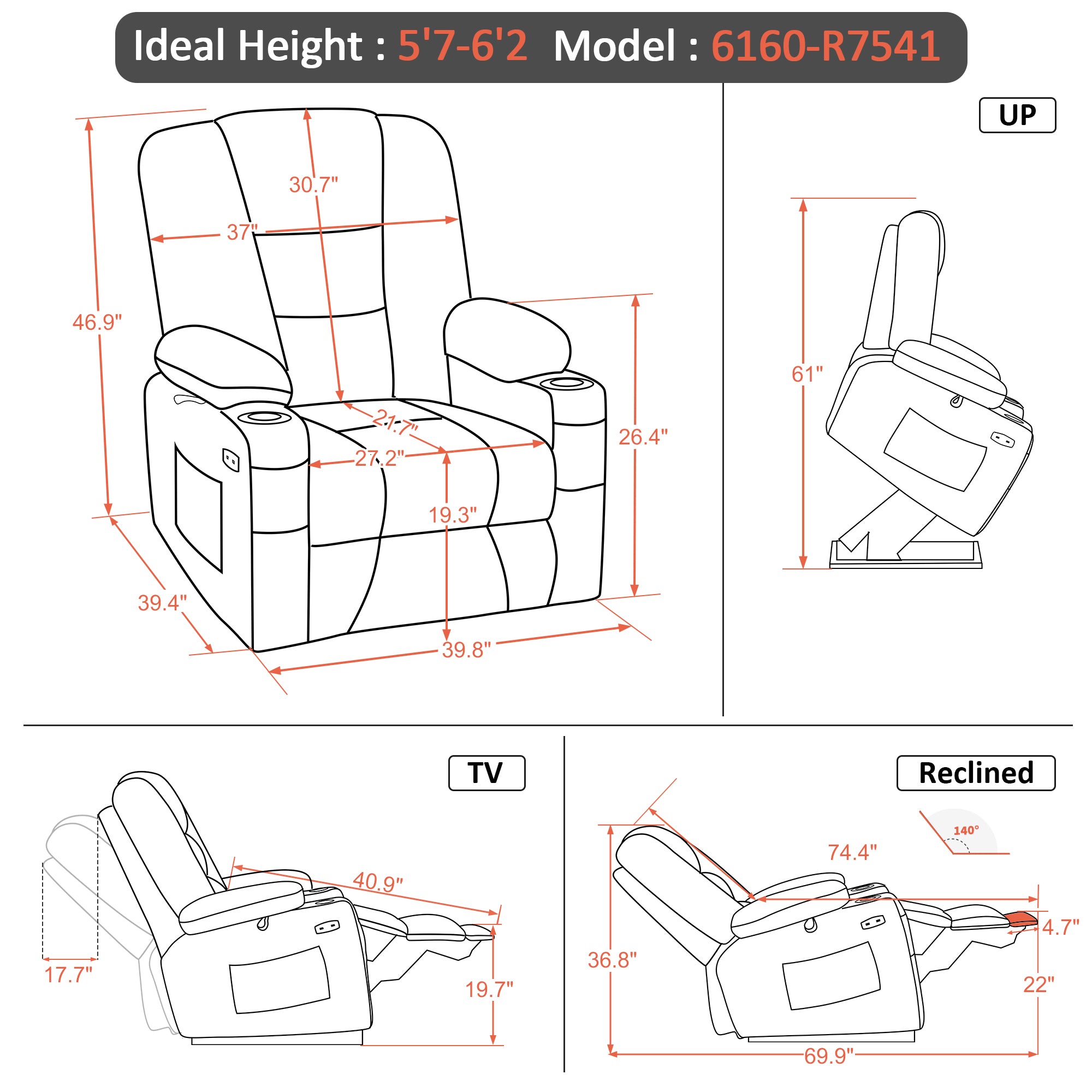 MCombo Power Lift Recliner Chair with Massage and Heat for Elderly, Extended Footrest, 3 Positions, Cup Holders, USB Ports, Faux Leather 7519 Series