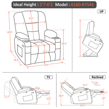 MCombo Power Lift Recliner Chair with Massage and Heat for Elderly, Extended Footrest, 3 Positions, Cup Holders, USB Ports, Faux Leather 7519 Series