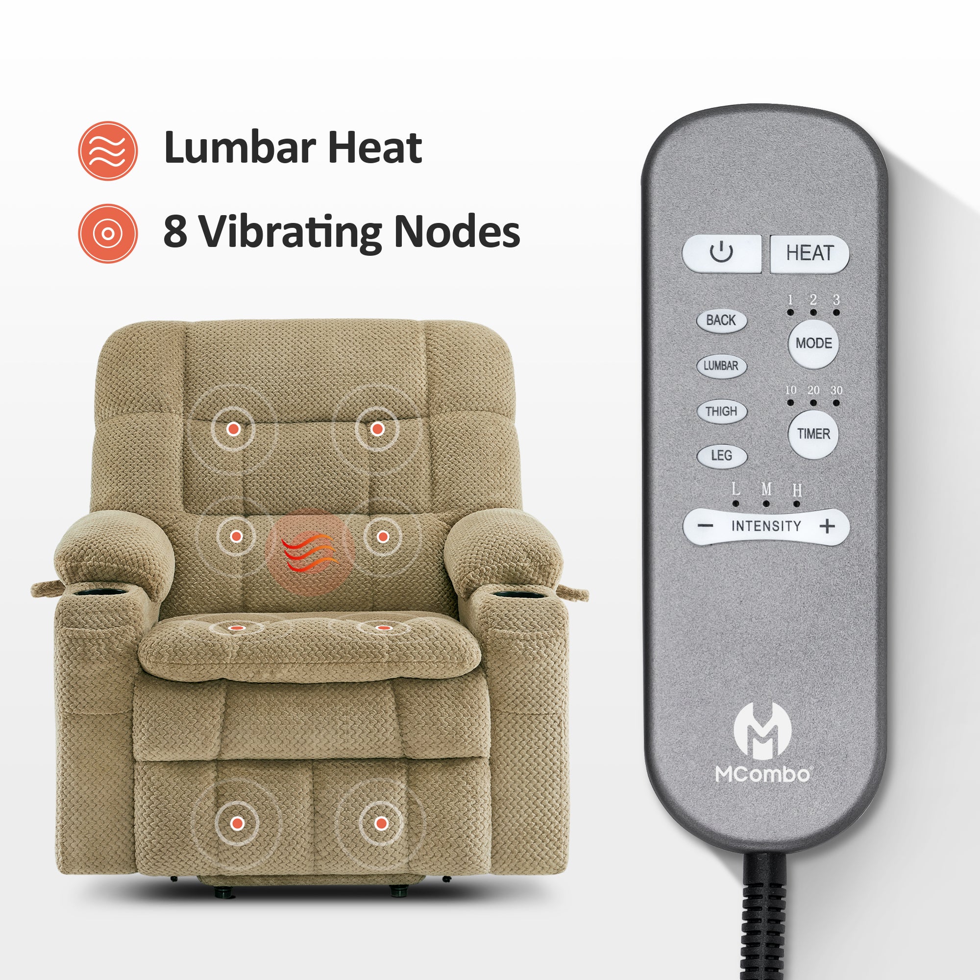 MCombo Dual Motor Power Lift Recliner Chair with Massage and Heat for Elderly People, Infinite Position, USB Ports, Cup Holders, Extended Footrest, Fabric, 7890 Series