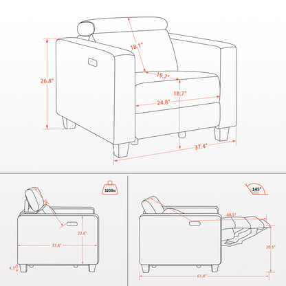 MCombo High Leg Power Recliner Chair with Adjustable Headrest and USB A/C Charge Ports for Living Room, Office, and Small Spaces (Fabric HL128)