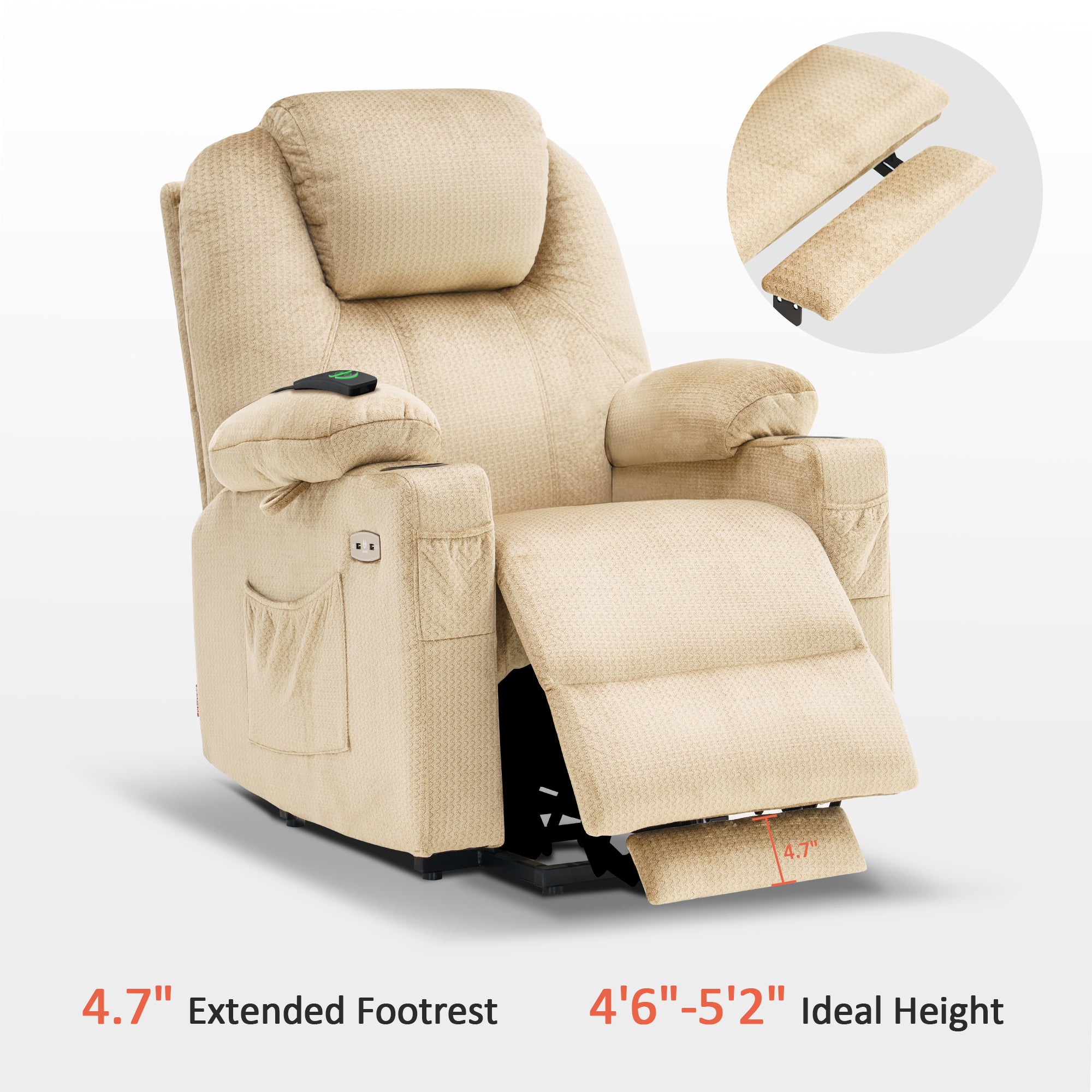 MCombo Electric Power Lift Recliner Chair Sofa with Massage and Heat for Elderly, 3 Positions, 2 Side Pockets and Cup Holders, USB Ports, Fabric 7040 Series