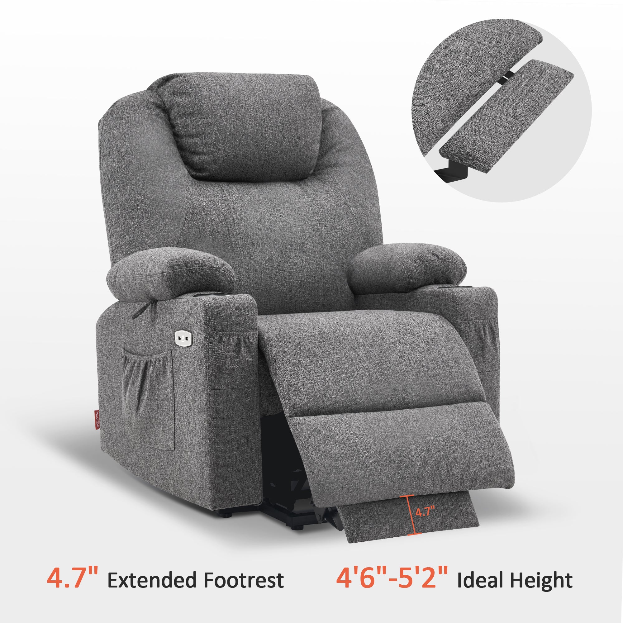 MCombo Electric Power Lift Recliner Chair Sofa with Massage and Heat for Elderly, 3 Positions, 2 Side Pockets and Cup Holders, USB Ports, Fabric 7040 Series