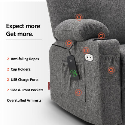 MCombo Electric Power Lift Recliner Chair Sofa with Massage and Heat for Elderly, 3 Positions, 2 Side Pockets and Cup Holders, USB Ports, Fabric 7040 Series