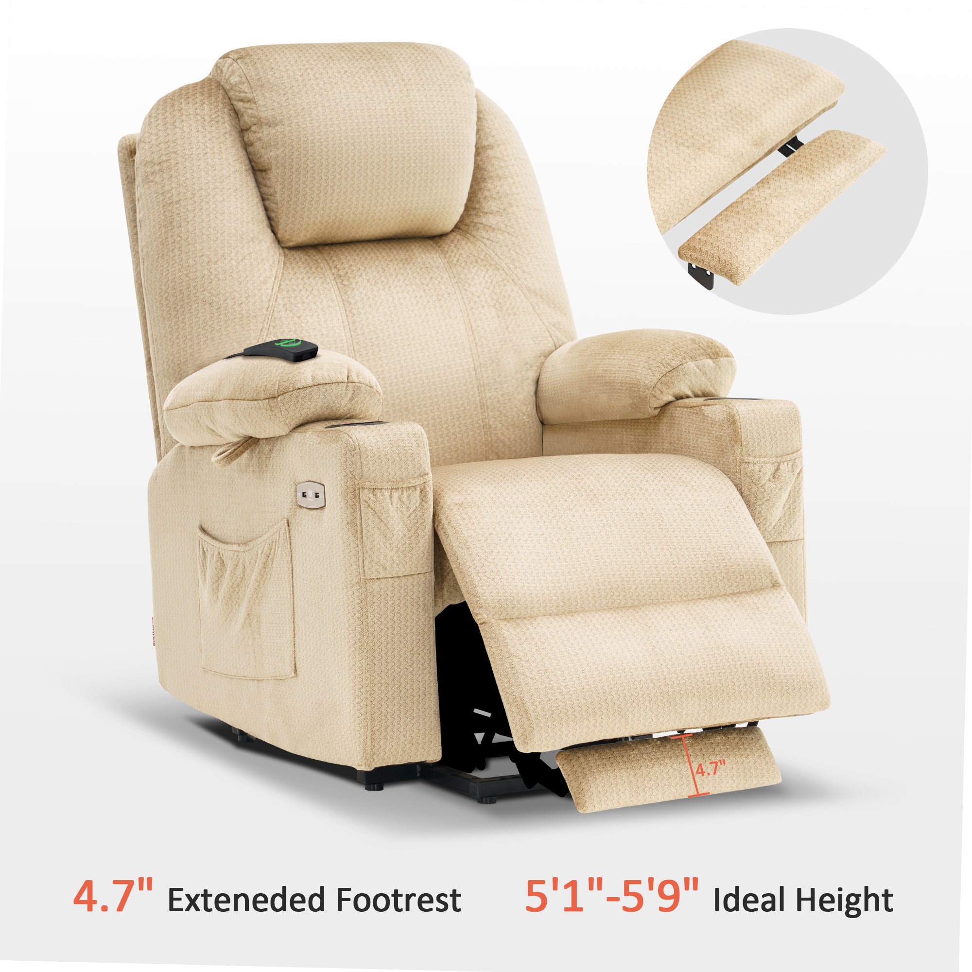 MCombo Electric Power Lift Recliner Chair Sofa with Massage and Heat for Elderly, 3 Positions, 2 Side Pockets and Cup Holders, USB Ports, Fabric 7040 Series