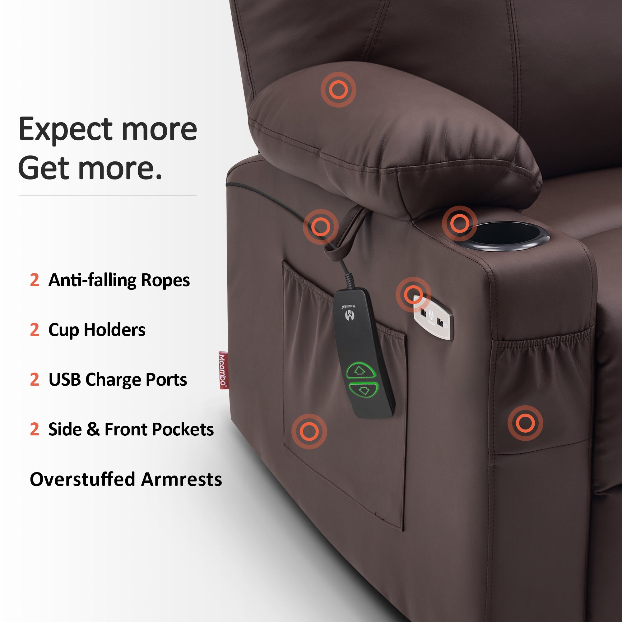 MCombo Power Lift Recliner Chair with Massage and Heat for Elderly, 3 Positions, 2 Side Pockets and Cup Holders, USB Ports, Faux Leather 7040 Series