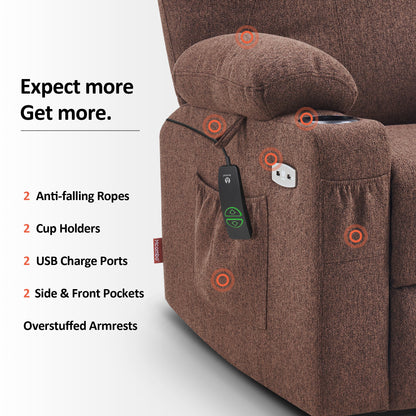 MCombo Electric Power Lift Recliner Chair Sofa with Massage and Heat for Elderly, 3 Positions, 2 Side Pockets and Cup Holders, USB Ports, Fabric 7040 Series