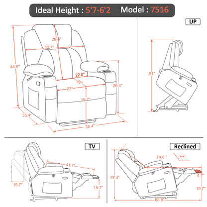 MCombo Power Lift Recliner Chair with Massage and Heat for Elderly, 3 Positions, 2 Side Pockets and Cup Holders, USB Ports, Faux Leather 7040 Series