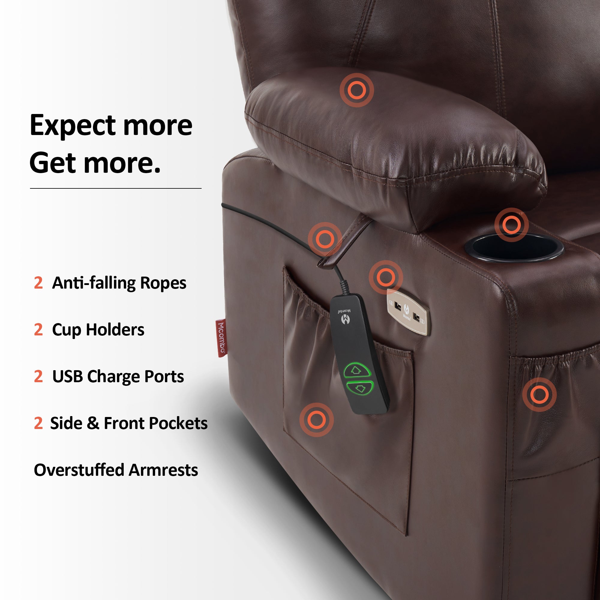 MCombo Power Lift Recliner Chair with Massage and Heat for Elderly, 3 Positions, 2 Side Pockets and Cup Holders, USB Ports, Faux Leather 7040 Series