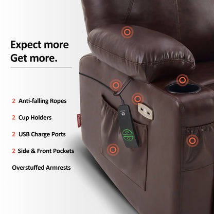 MCombo Power Lift Recliner Chair with Massage and Heat for Elderly, 3 Positions, 2 Side Pockets and Cup Holders, USB Ports, Faux Leather 7040 Series