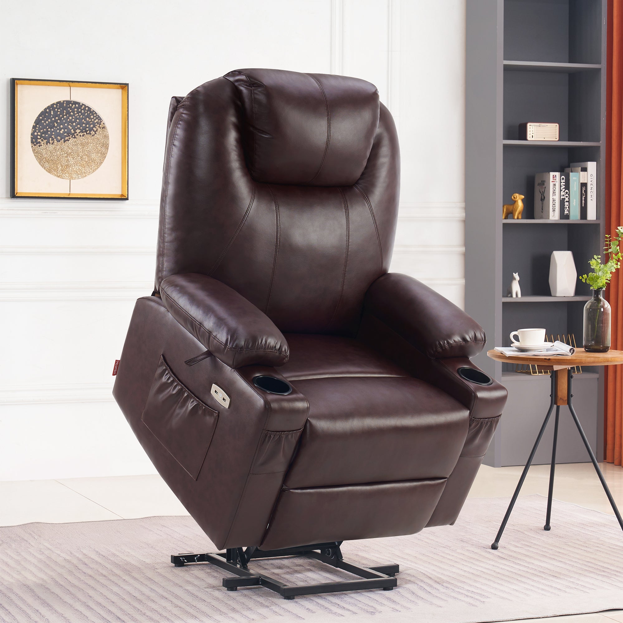 MCombo Power Lift Recliner Chair with Massage and Heat for Elderly, 3 Positions, 2 Side Pockets and Cup Holders, USB Ports, Faux Leather 7040 Series