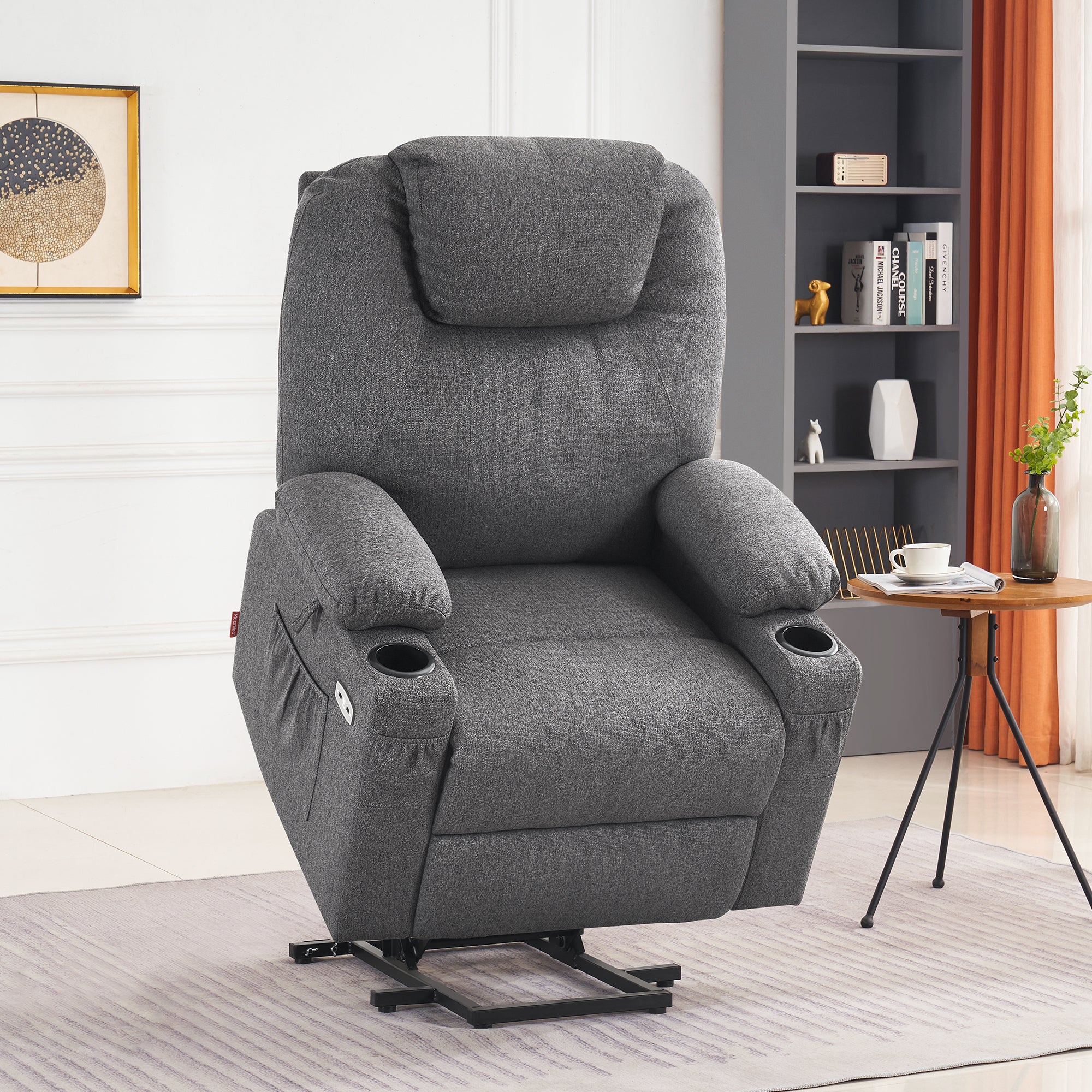 MCombo Electric Power Lift Recliner Chair Sofa with Massage and Heat for Elderly, 3 Positions, 2 Side Pockets and Cup Holders, USB Ports, Fabric 7040 Series