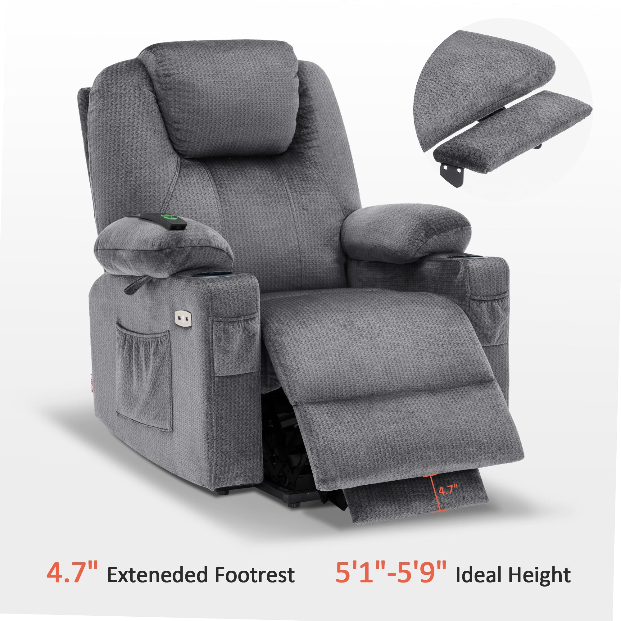 MCombo Electric Power Lift Recliner Chair Sofa with Massage and Heat for Elderly, 3 Positions, 2 Side Pockets and Cup Holders, USB Ports, Fabric 7040 Series