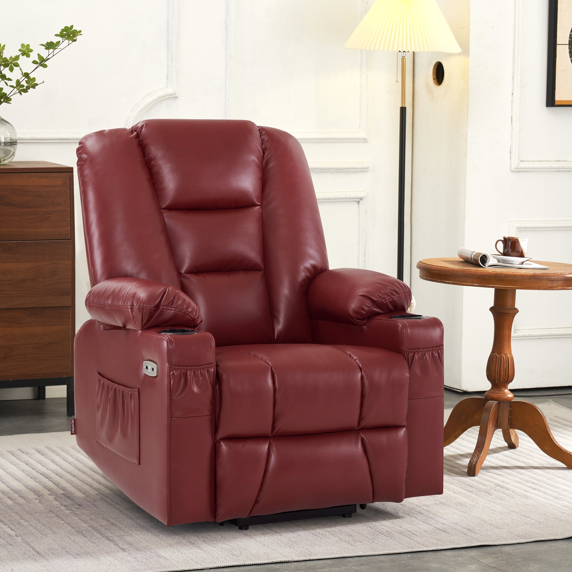 MCombo Power Lift Recliner Chair with Massage and Heat for Elderly, Extended Footrest, 3 Positions, Cup Holders, USB Ports, Faux Leather 7519 Series