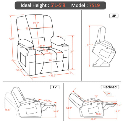 MCombo Power Lift Recliner Chair with Massage and Heat for Elderly, Extended Footrest, 3 Positions, Cup Holders, USB Ports, Faux Leather 7519 Series