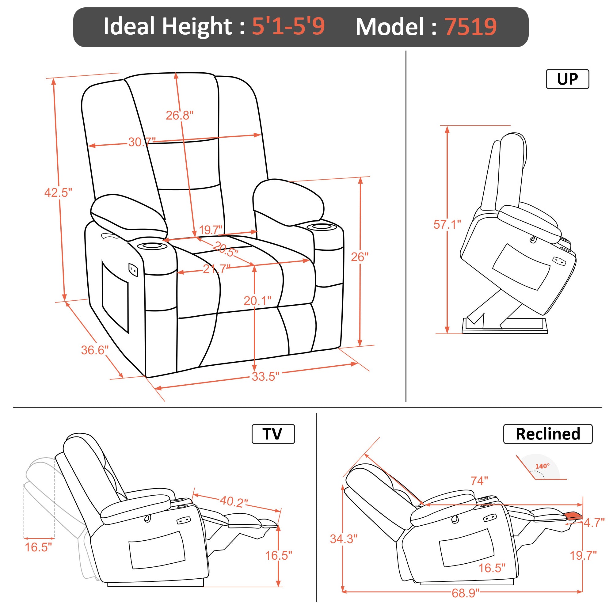 MCombo Power Lift Recliner Chair with Massage and Heat for Elderly, Extended Footrest, 3 Positions, Cup Holders, USB Ports, Faux Leather 7519 Series