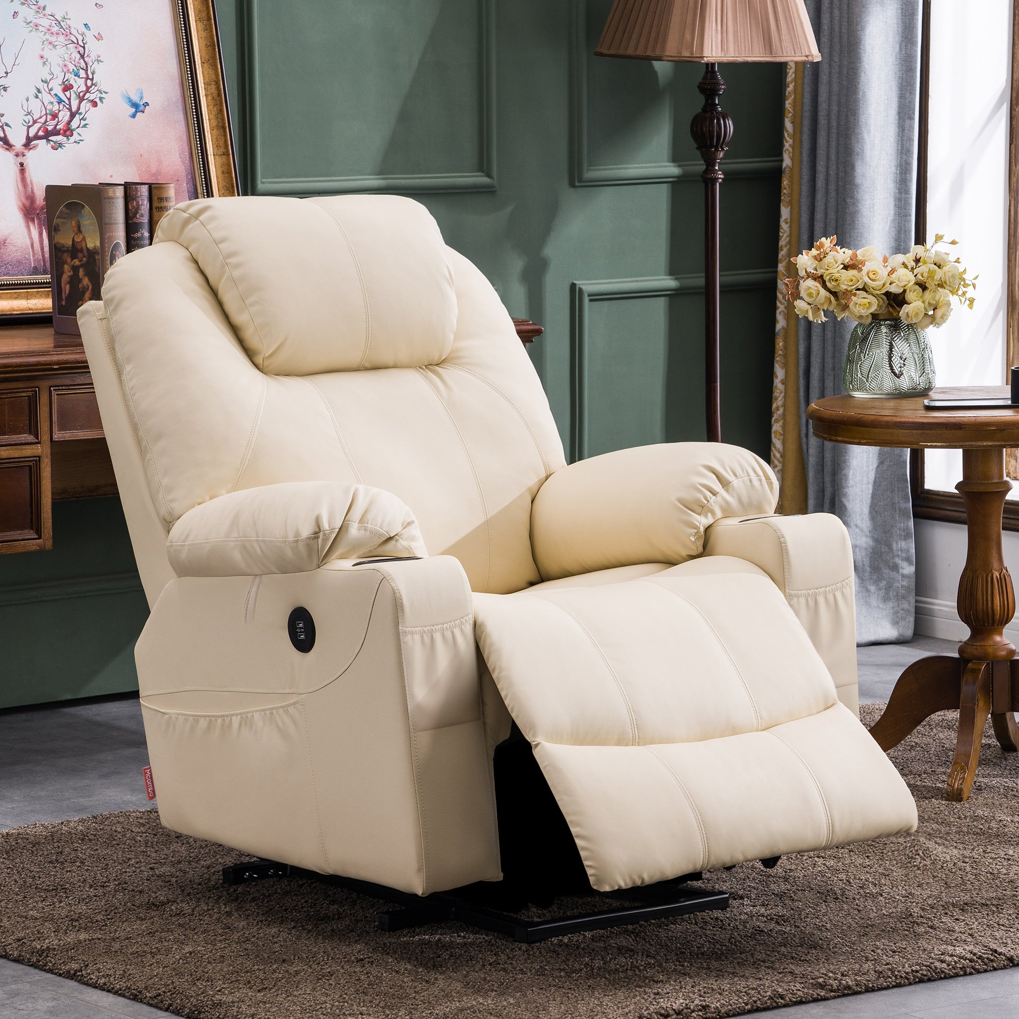 MCombo Power Lift Recliner Chair with Massage and Heat for Elderly, 3 Positions, 2 Side Pockets and Cup Holders, USB Ports, Faux Leather 7040 Series