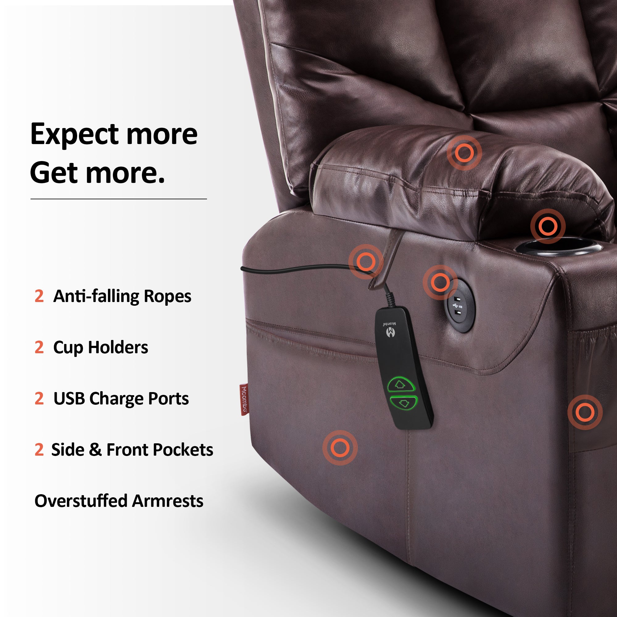 MCombo Power Lift Recliner Chair with Massage and Heat for Elderly, 3 Positions, 2 Side Pockets and Cup Holders, USB Ports, Faux Leather 7040 Series