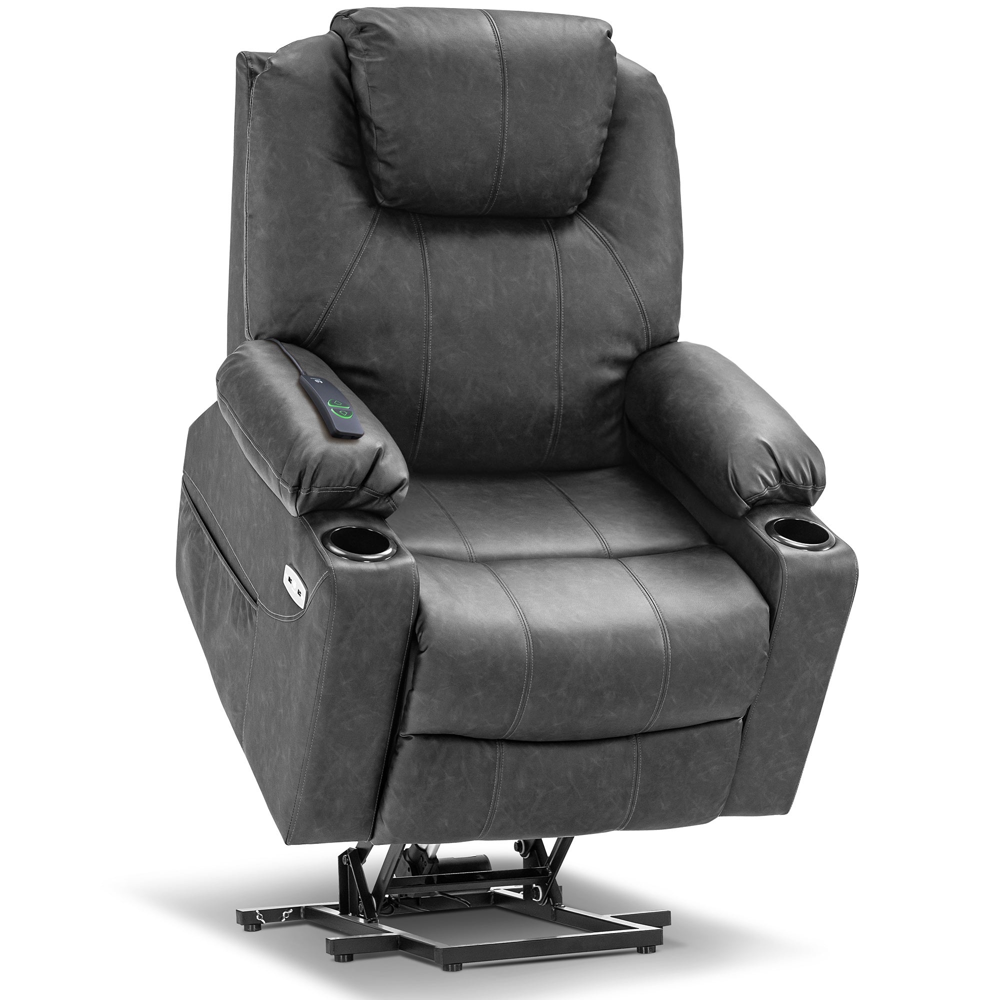 MCombo Power Lift Recliner Chair with Massage and Heat for Elderly, 3 Positions, 2 Side Pockets and Cup Holders, USB Ports, Faux Leather 7040 Series