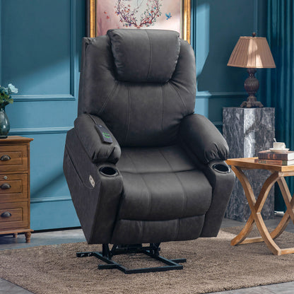 MCombo Power Lift Recliner Chair with Massage and Heat for Elderly, 3 Positions, 2 Side Pockets and Cup Holders, USB Ports, Faux Leather 7040 Series