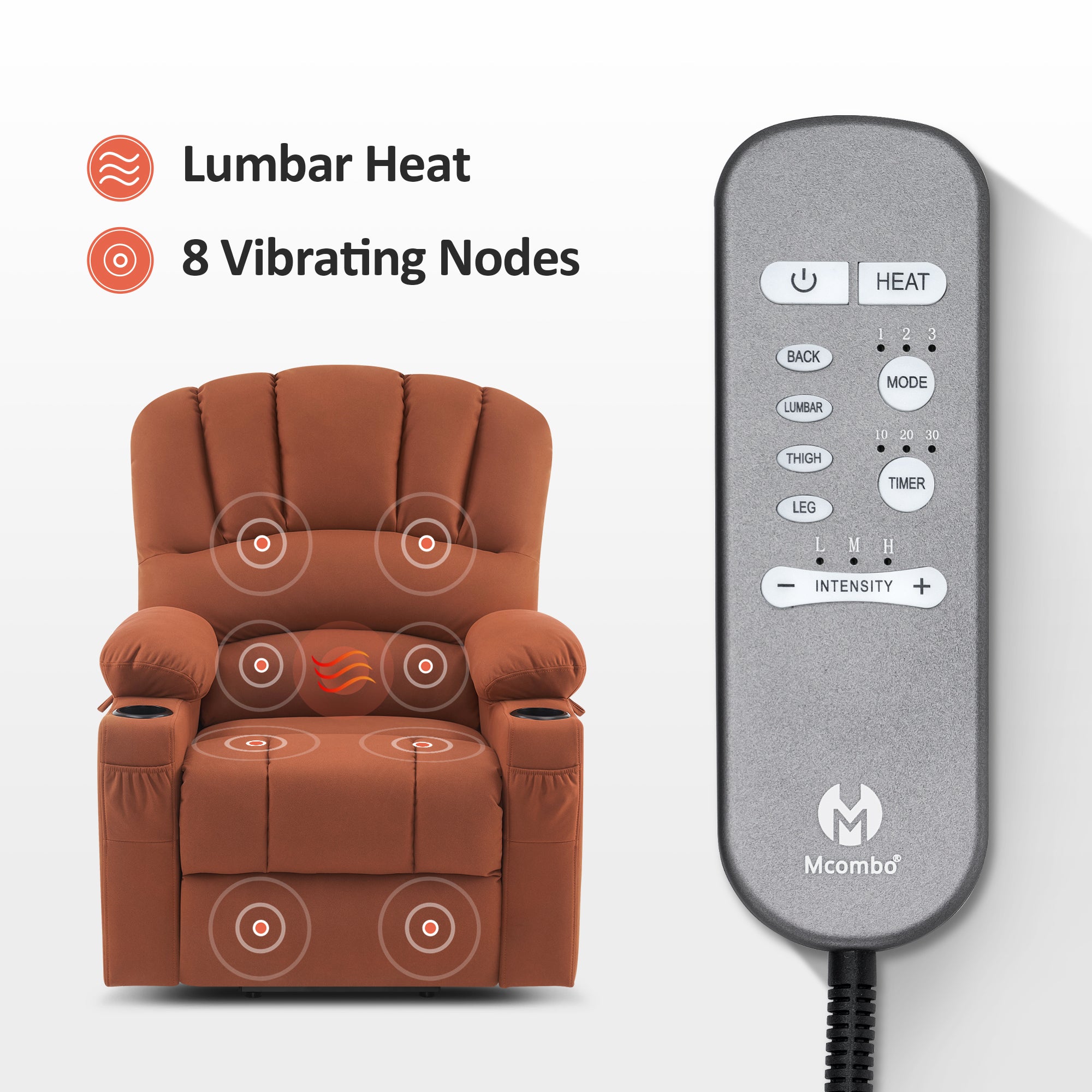 MCombo Power Lift Recliner Chair Sofa with Massage and Heat for Elderly People, Cup Holders, USB Ports, Side Pockets, Fabric 7095 Series