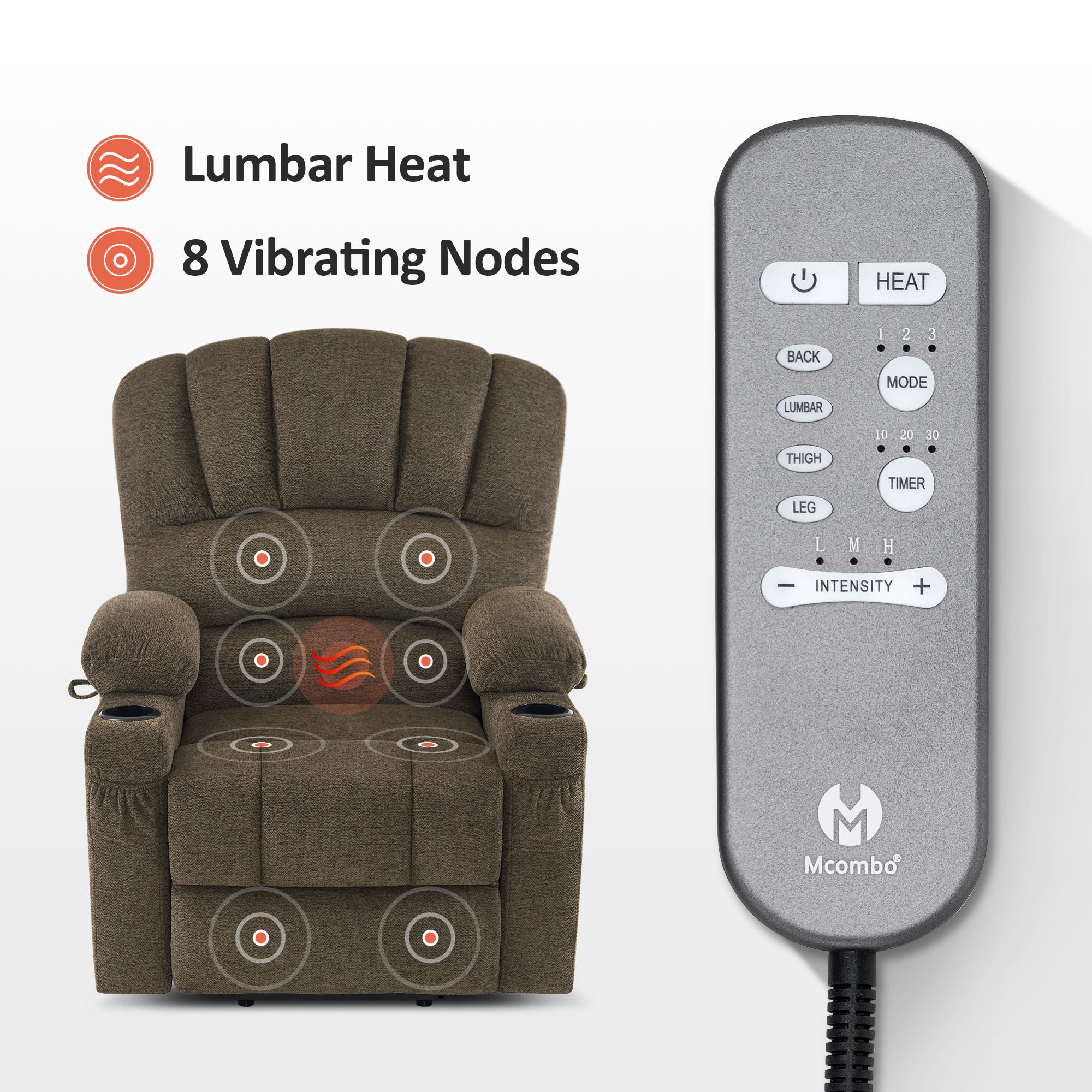 MCombo Power Lift Recliner Chair Sofa with Massage and Heat for Elderly People, Cup Holders, USB Ports, Side Pockets, Fabric 7095 Series