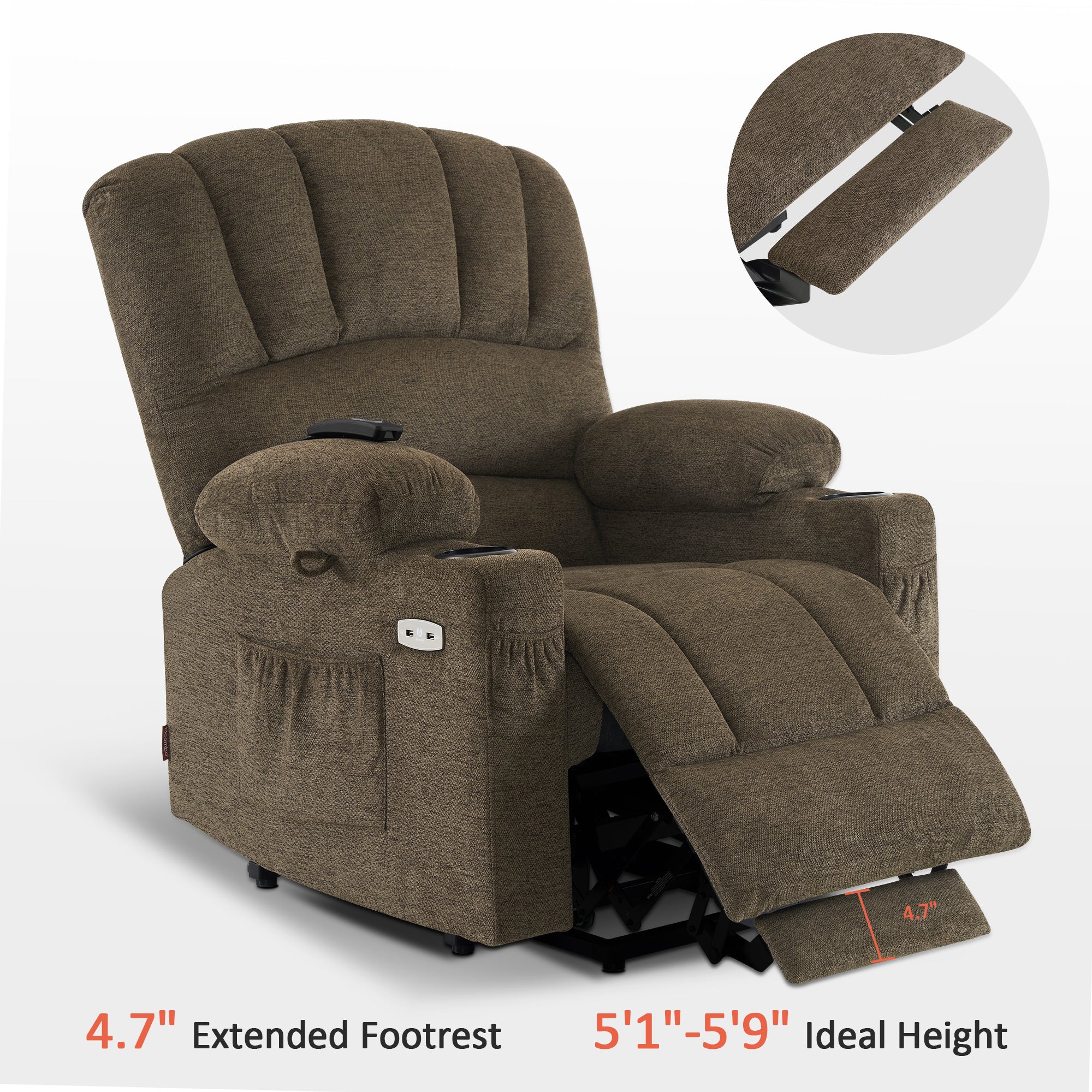 MCombo Power Lift Recliner Chair Sofa with Massage and Heat for Elderly People, Cup Holders, USB Ports, Side Pockets, Fabric 7095 Series