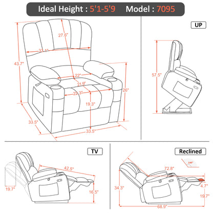 MCombo Power Lift Recliner Chair Sofa with Massage and Heat for Elderly People, Cup Holders, USB Ports, Side Pockets, Fabric 7095 Series