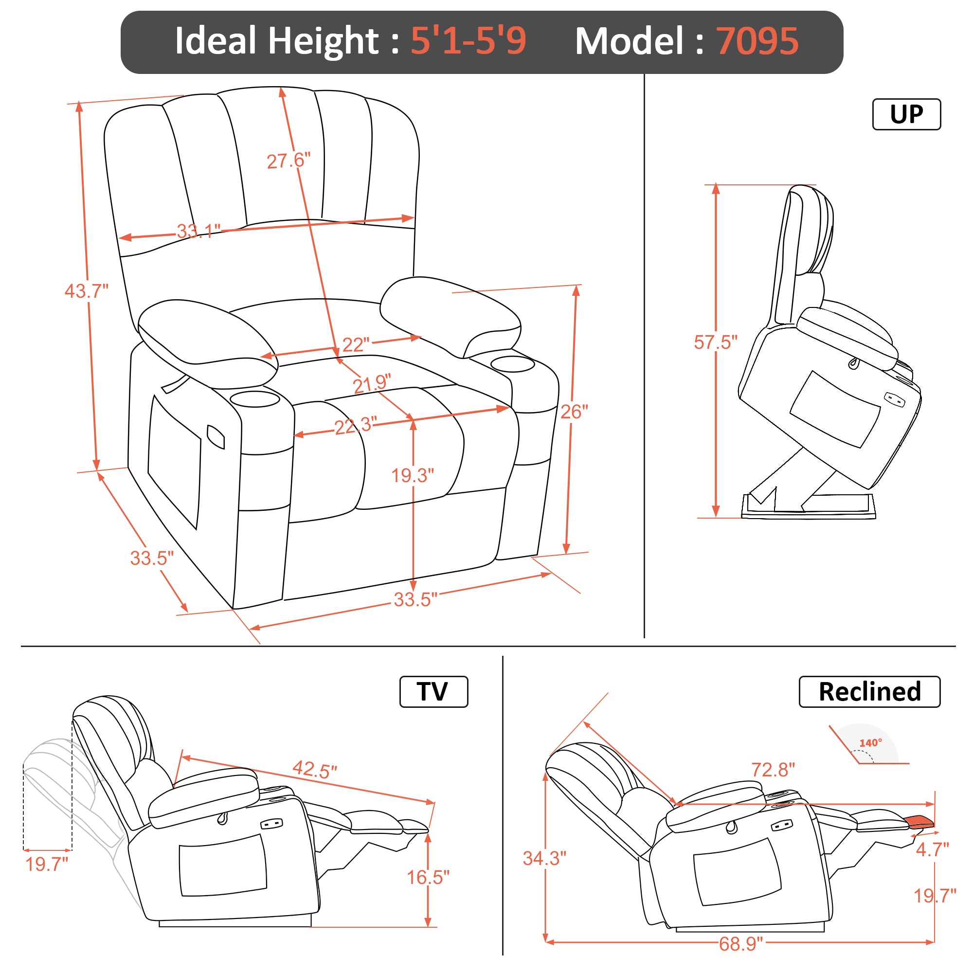 MCombo Power Lift Recliner Chair Sofa with Massage and Heat for Elderly People, Cup Holders, USB Ports, Side Pockets, Fabric 7095 Series