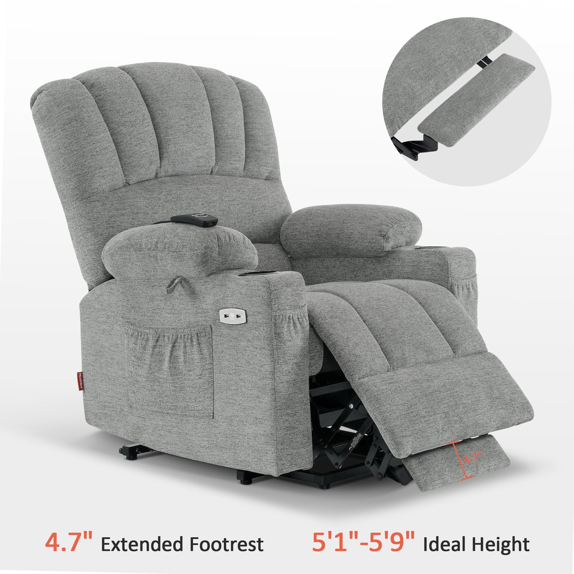 MCombo Power Lift Recliner Chair Sofa with Massage and Heat for Elderly People, Cup Holders, USB Ports, Side Pockets, Fabric 7095 Series