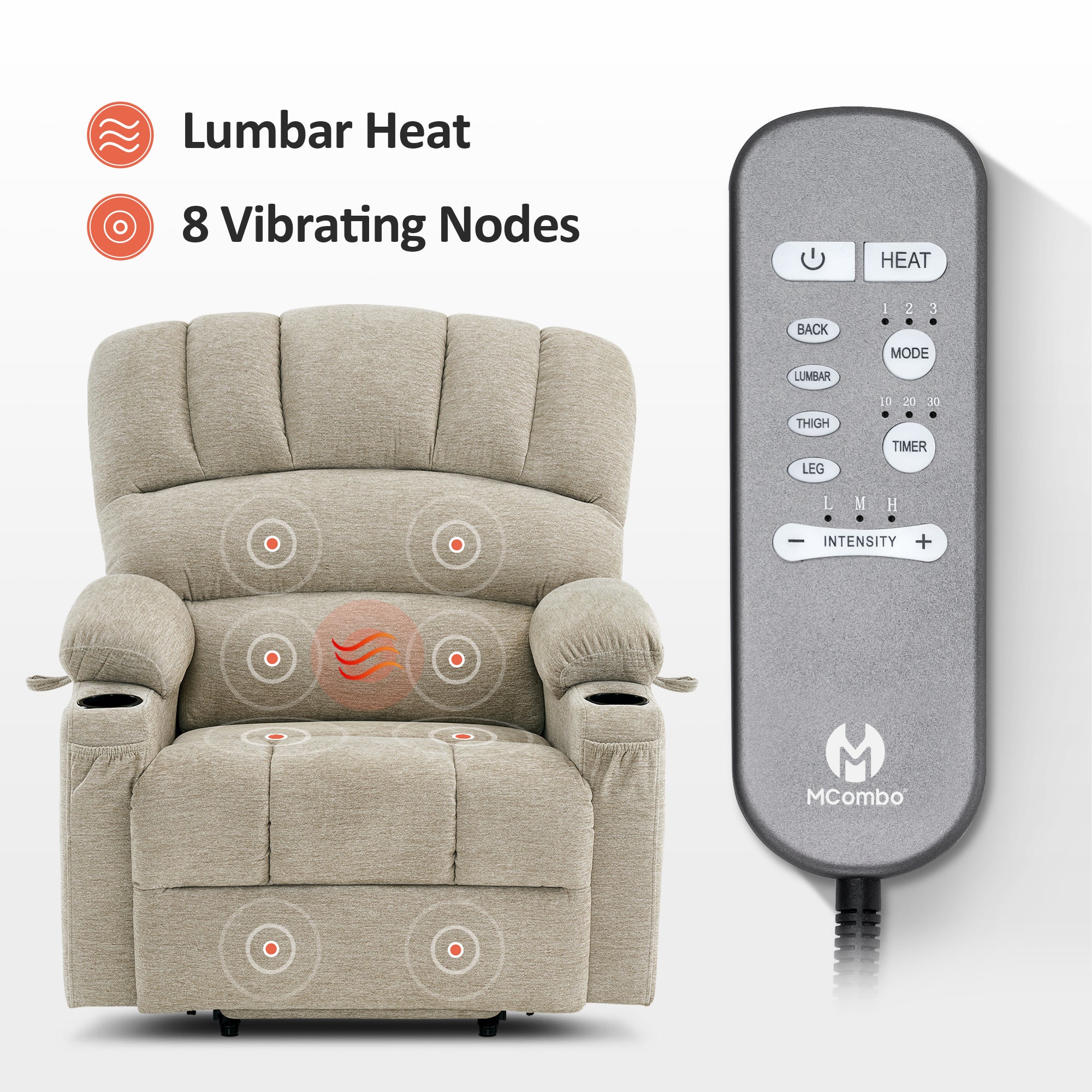 MCombo Power Lift Recliner Chair Sofa with Massage and Heat for Elderly People, Cup Holders, USB Ports, Side Pockets, Fabric 7095 Series