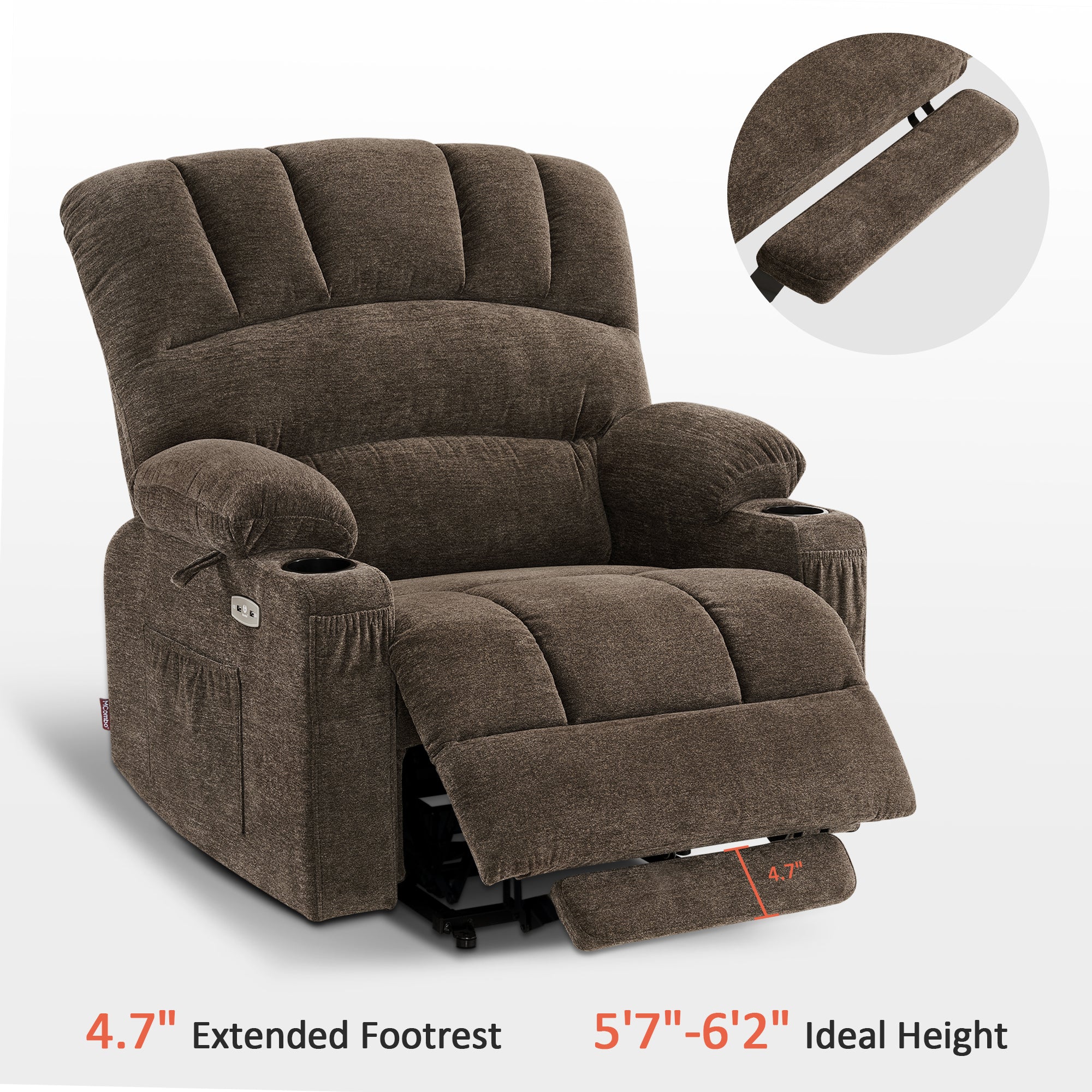 MCombo Power Lift Recliner Chair Sofa with Massage and Heat for Elderly People, Cup Holders, USB Ports, Side Pockets, Fabric 7095 Series