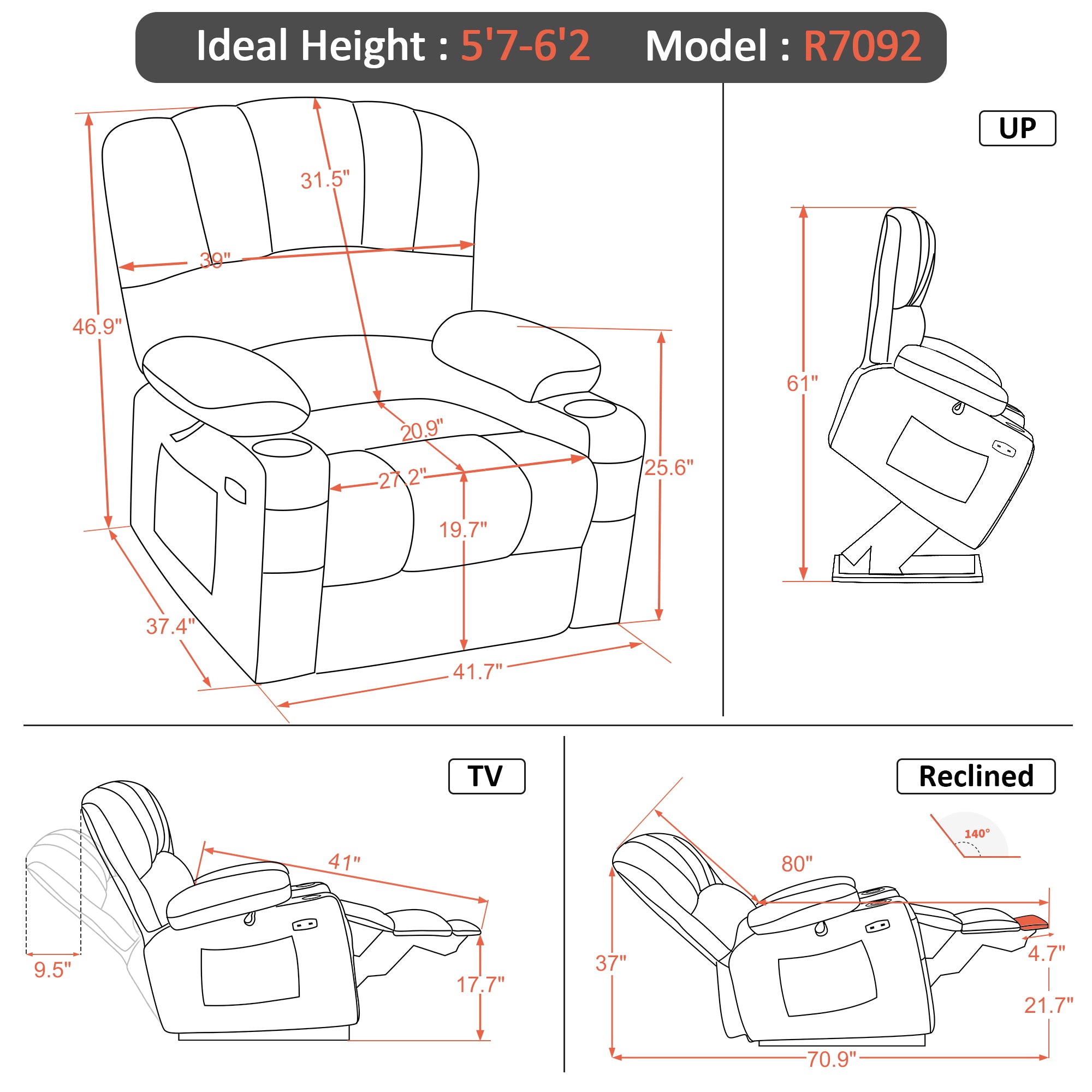 MCombo Power Lift Recliner Chair Sofa with Massage and Heat for Elderly People, Cup Holders, USB Ports, Side Pockets, Fabric 7095 Series