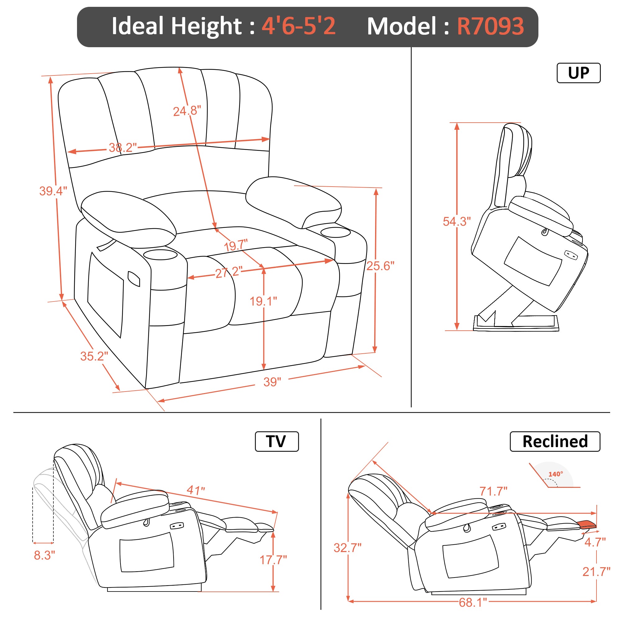 MCombo Power Lift Recliner Chair Sofa with Massage and Heat for Elderly People, Cup Holders, USB Ports, Side Pockets, Fabric 7095 Series