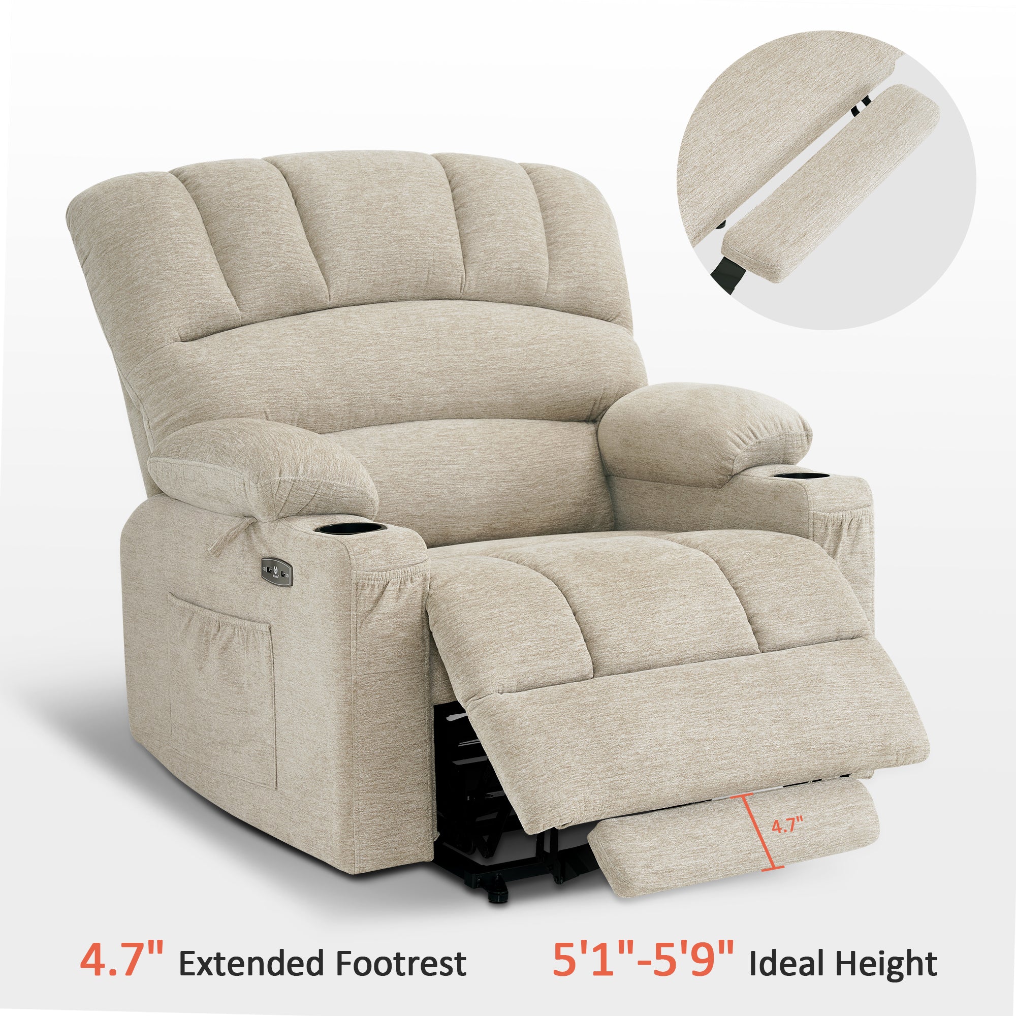 MCombo Power Lift Recliner Chair Sofa with Massage and Heat for Elderly People, Cup Holders, USB Ports, Side Pockets, Fabric 7095 Series