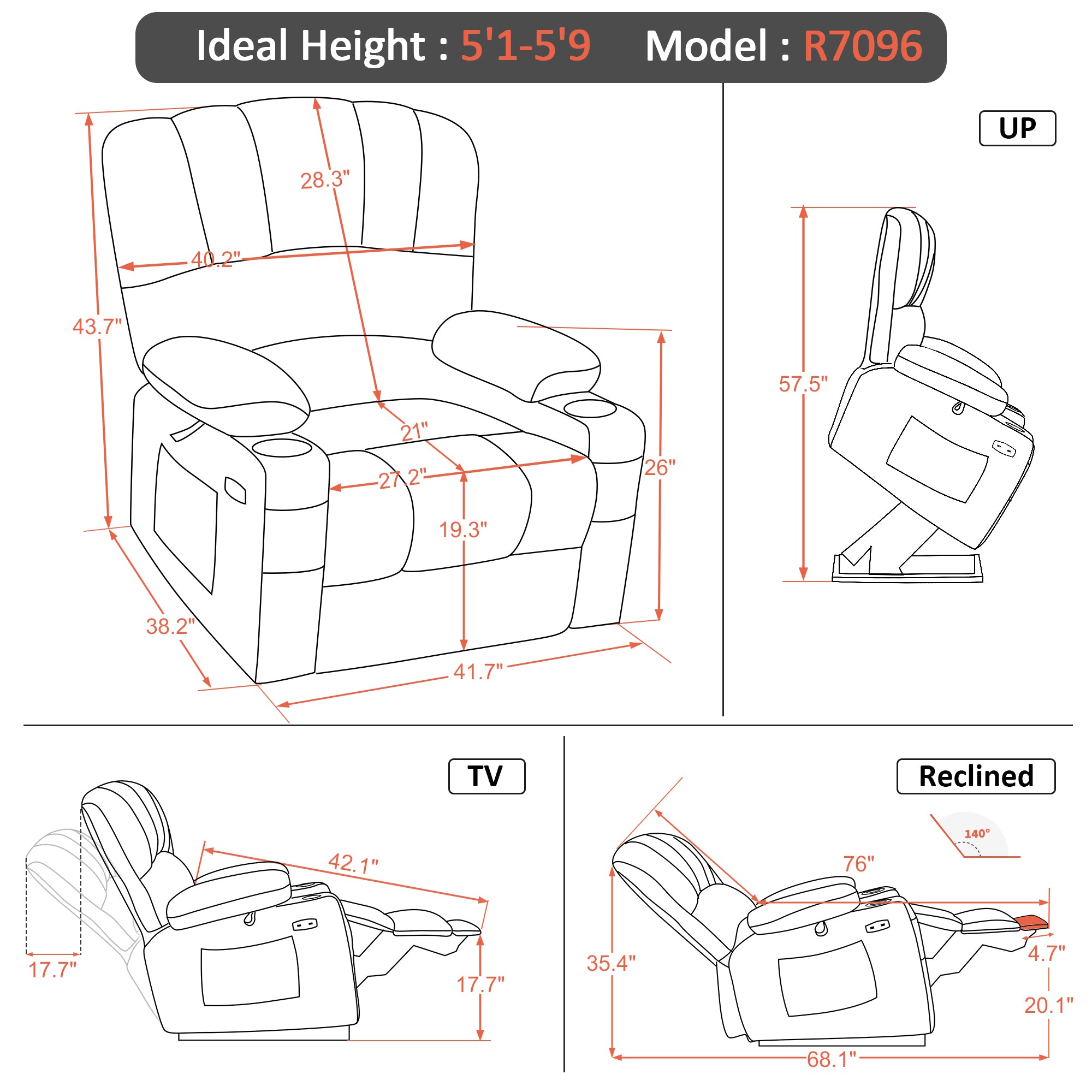 MCombo Power Lift Recliner Chair Sofa with Massage and Heat for Elderly People, Cup Holders, USB Ports, Side Pockets, Fabric 7095 Series