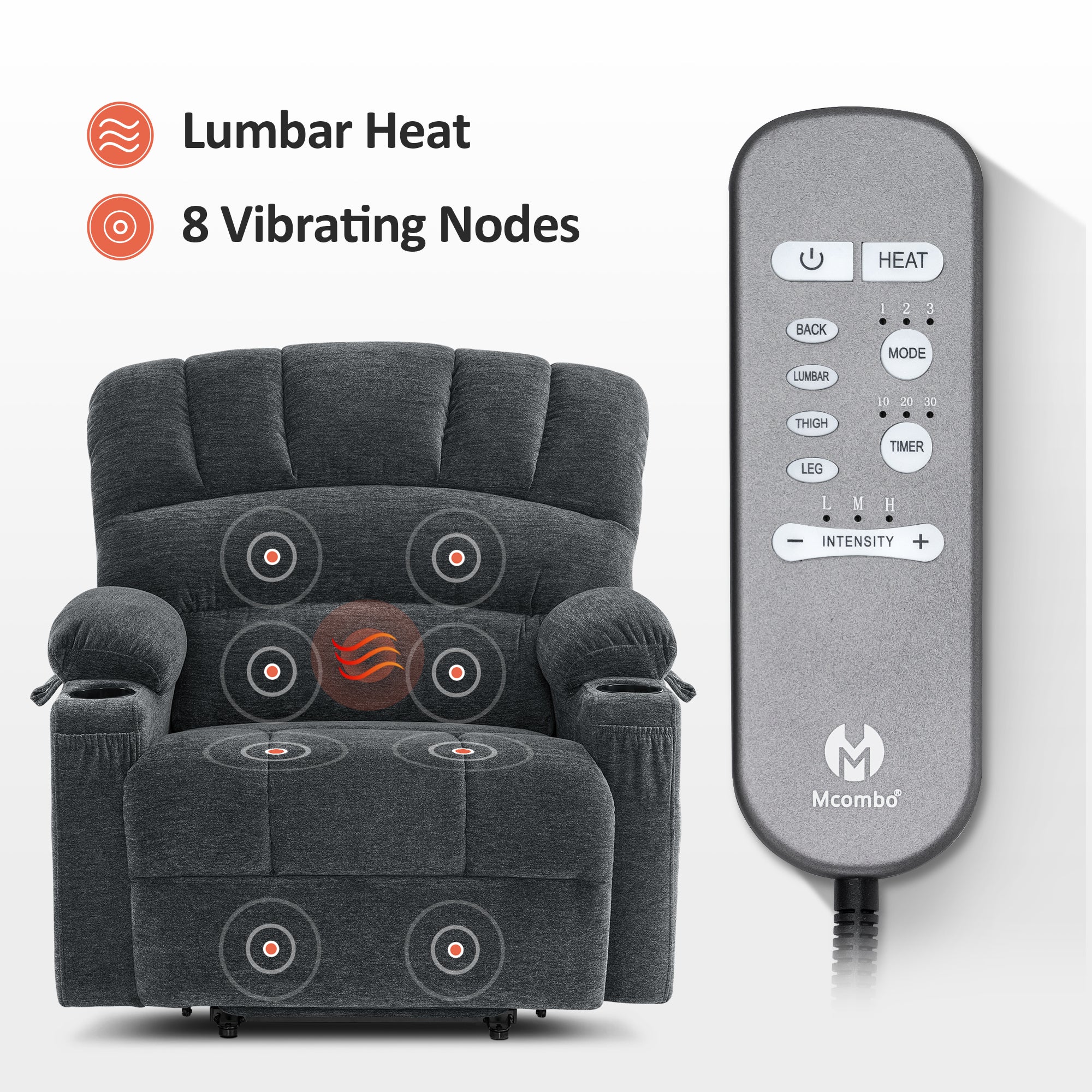 MCombo Power Lift Recliner Chair Sofa with Massage and Heat for Elderly People, Cup Holders, USB Ports, Side Pockets, Fabric 7095 Series