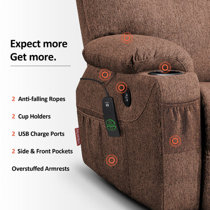 MCombo Electric Power Lift Recliner Chair Sofa with Massage and Heat for Elderly, 3 Positions, 2 Side Pockets and Cup Holders, USB Ports, Fabric 7040 Series