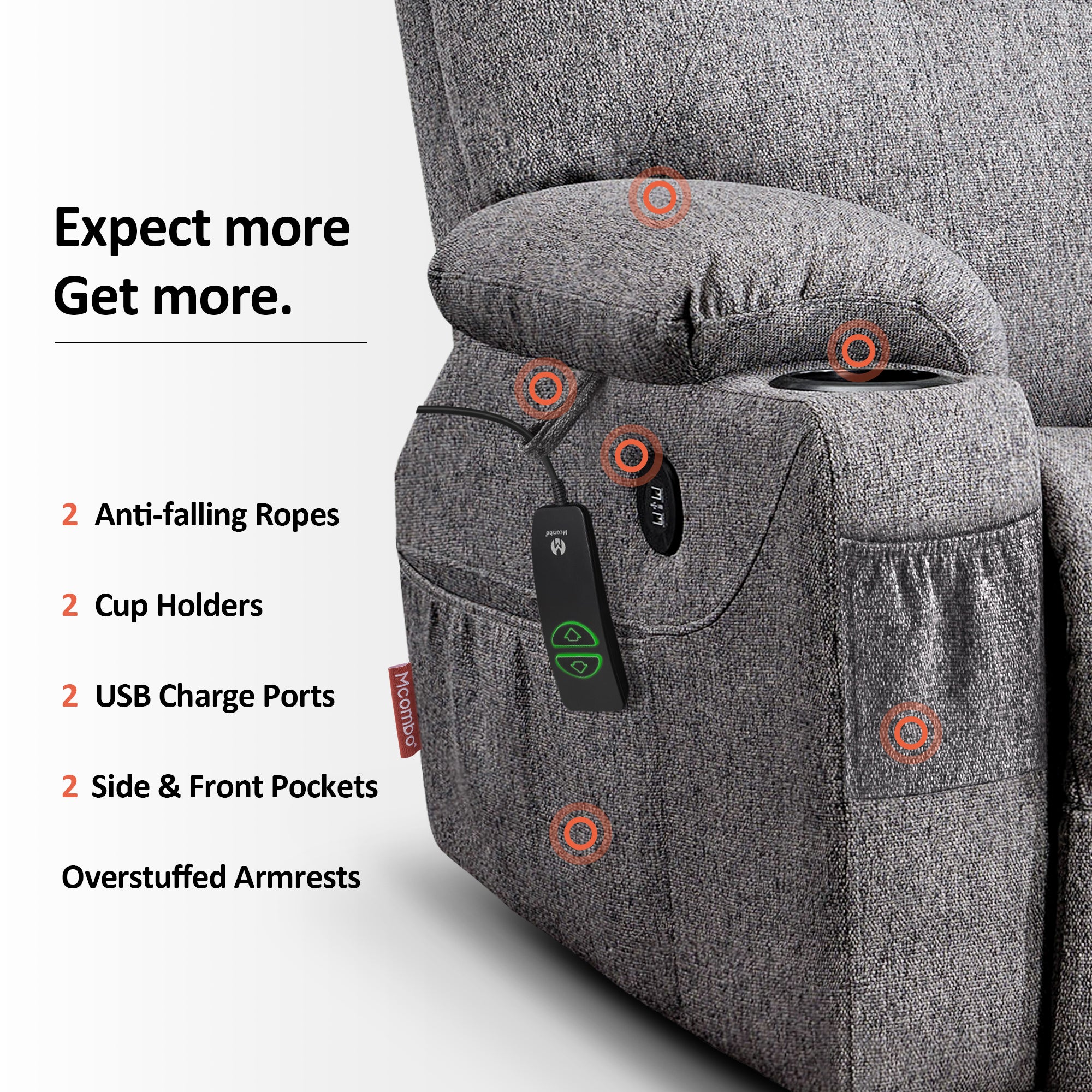 MCombo Electric Power Lift Recliner Chair Sofa with Massage and Heat for Elderly, 3 Positions, 2 Side Pockets and Cup Holders, USB Ports, Fabric 7040 Series