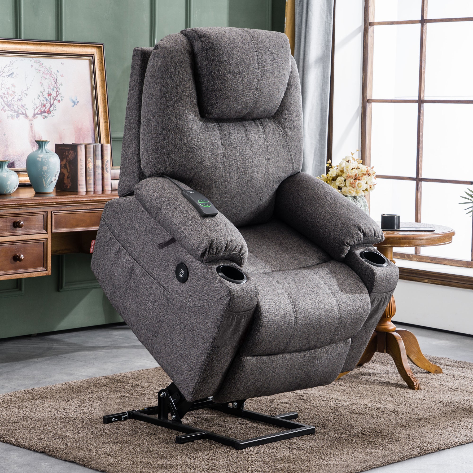 MCombo Electric Power Lift Recliner Chair Sofa with Massage and Heat for Elderly, 3 Positions, 2 Side Pockets and Cup Holders, USB Ports, Fabric 7040 Series