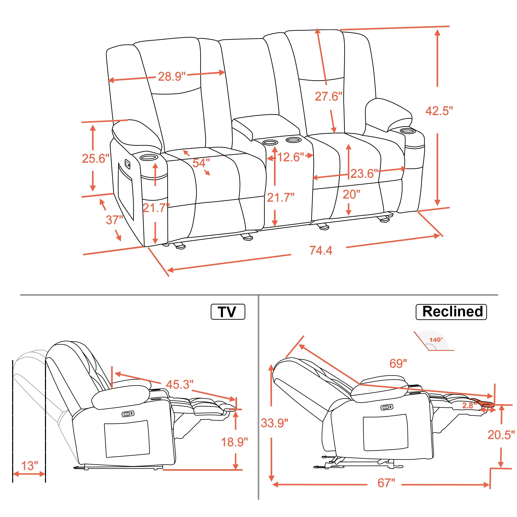 Power Reclining Loveseat with Console,  Heat and Massage, Fabric 6045